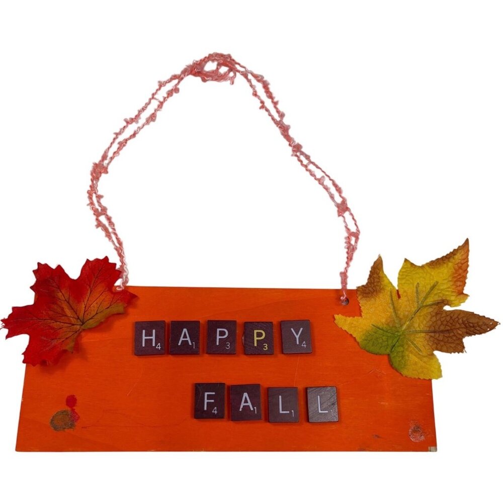 Happy Fall Wooden Hanging Sign W/Scrabble Tile Letters & Faux Leaves Decoration
